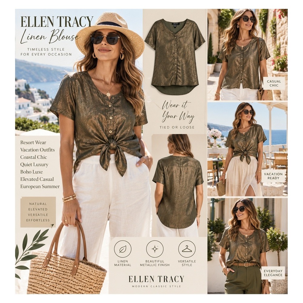 Ellen Tracy Linen Blouse L Metallic Olive Gold Button Front Tie Quiet Luxury